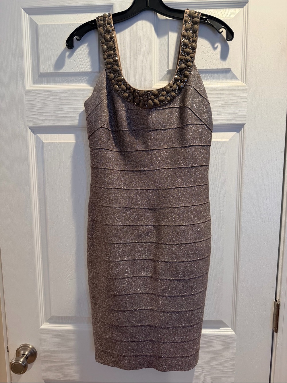 Carmen Marc Valvo Taupe Glitter Sheath Dress with Jeweled Scoop Neck